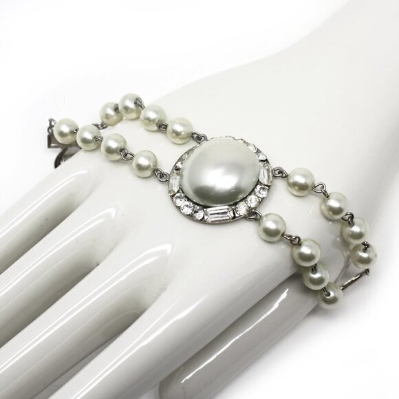 Vintage 2 Strand Pearl & Rhinestone Bracelet - Elegant Statement Style - Picture 4 of 5